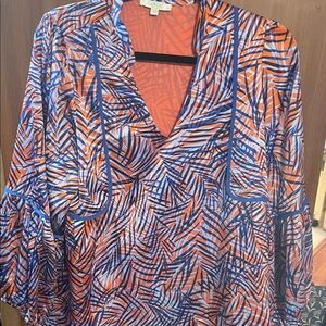 Jade Melody Tam Vibrant Leaf Print Blouse in Orange and Blue-